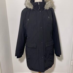 Andrew Marc  long, zip up , warm, Black Puffer Coat with Faux Fur Hood